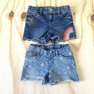 Girls Denim Shorts Size 4-5 LOT of 2 Cat & Jack w Rainbow  and Flowers